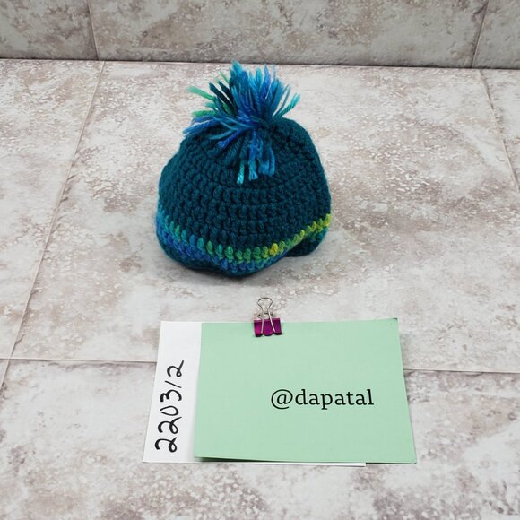 Childs Beanie Crocheted Knit Hand Made Small Pom Teal Toboggan - Picture 7 of 7